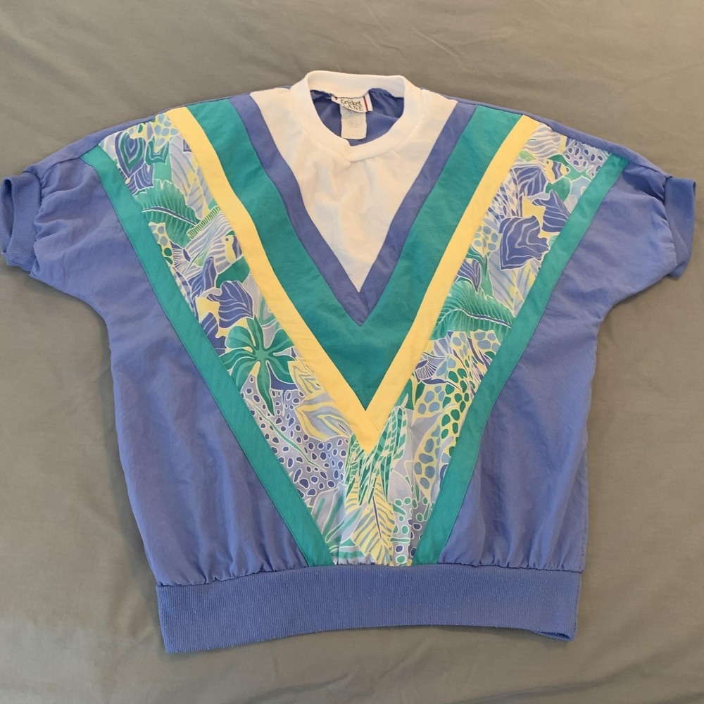 Vintage Cricket Lane Pullover Womens Medium Blue Teal Batwing Dolman Chevron 80s